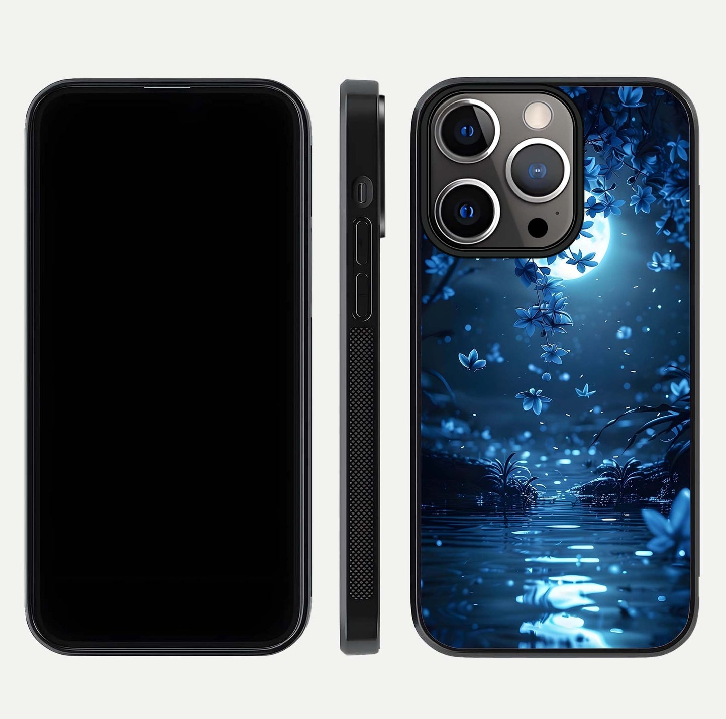 Moonlight Petal Dream Glass Case for iPhone 13 Pro front & back layout highlighting soft pastel tones