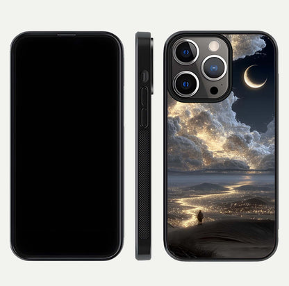 Moonlight Spark Path Glass Case for iPhone 13 Pro front & back layout highlighting calm tones and sleek edges