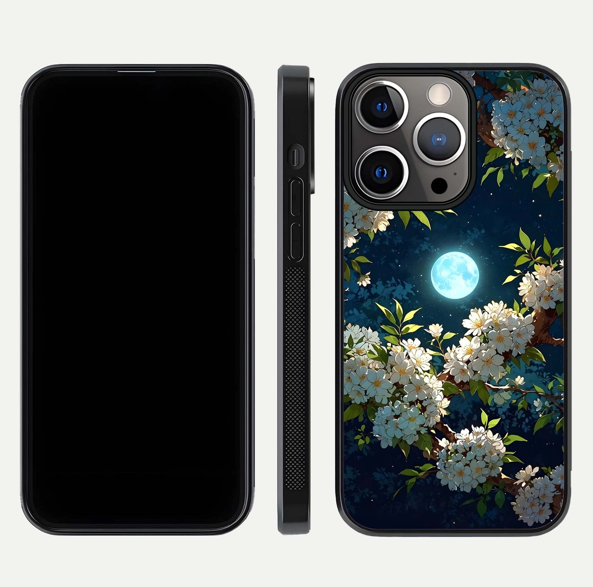 Moonlit Blossom Dream Glass Case for iPhone 13 Pro front & back layout highlighting moonlit tones and edges