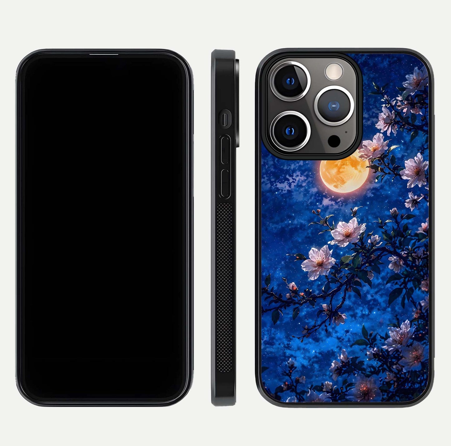 Moonlit Blossoms Night Glass Case for iPhone 13 Pro front & back layout highlighting moonlit tones and curved edges
