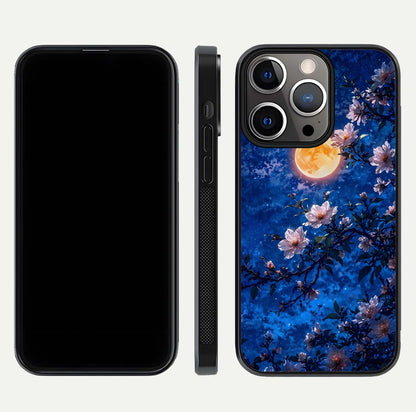 Moonlit Blossoms Night Glass Case for iPhone 13 Pro front & back layout highlighting moonlit tones and curved edges