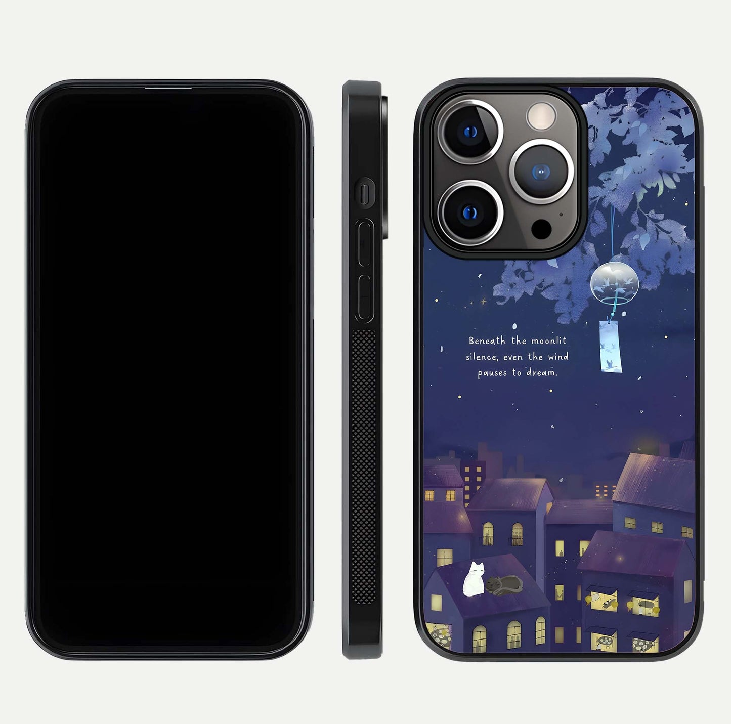 Moonlit Cat Silence Glass Case for iPhone 13 Pro front & back layout highlighting calm tones and edge detail