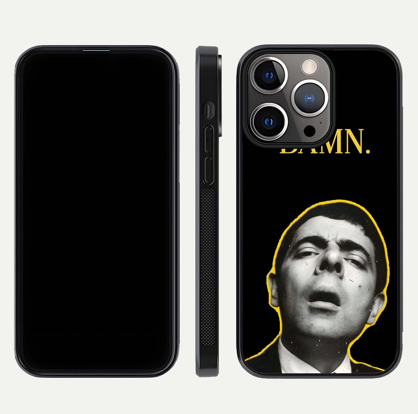 Mr Bean Damn Glass Case for iPhone 13 Pro front & back layout displaying fun artwork and curved smooth edges