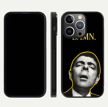 Mr Bean Damn Glass Case for iPhone 13 Pro front & back layout displaying fun artwork and curved smooth edges