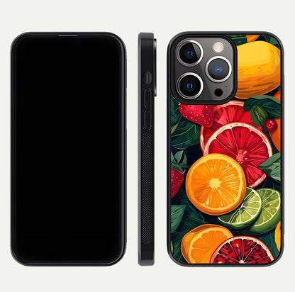Multiple Fruits Glass Case for iPhone 13 Pro front & back layout highlighting vibrant tones and curved edges