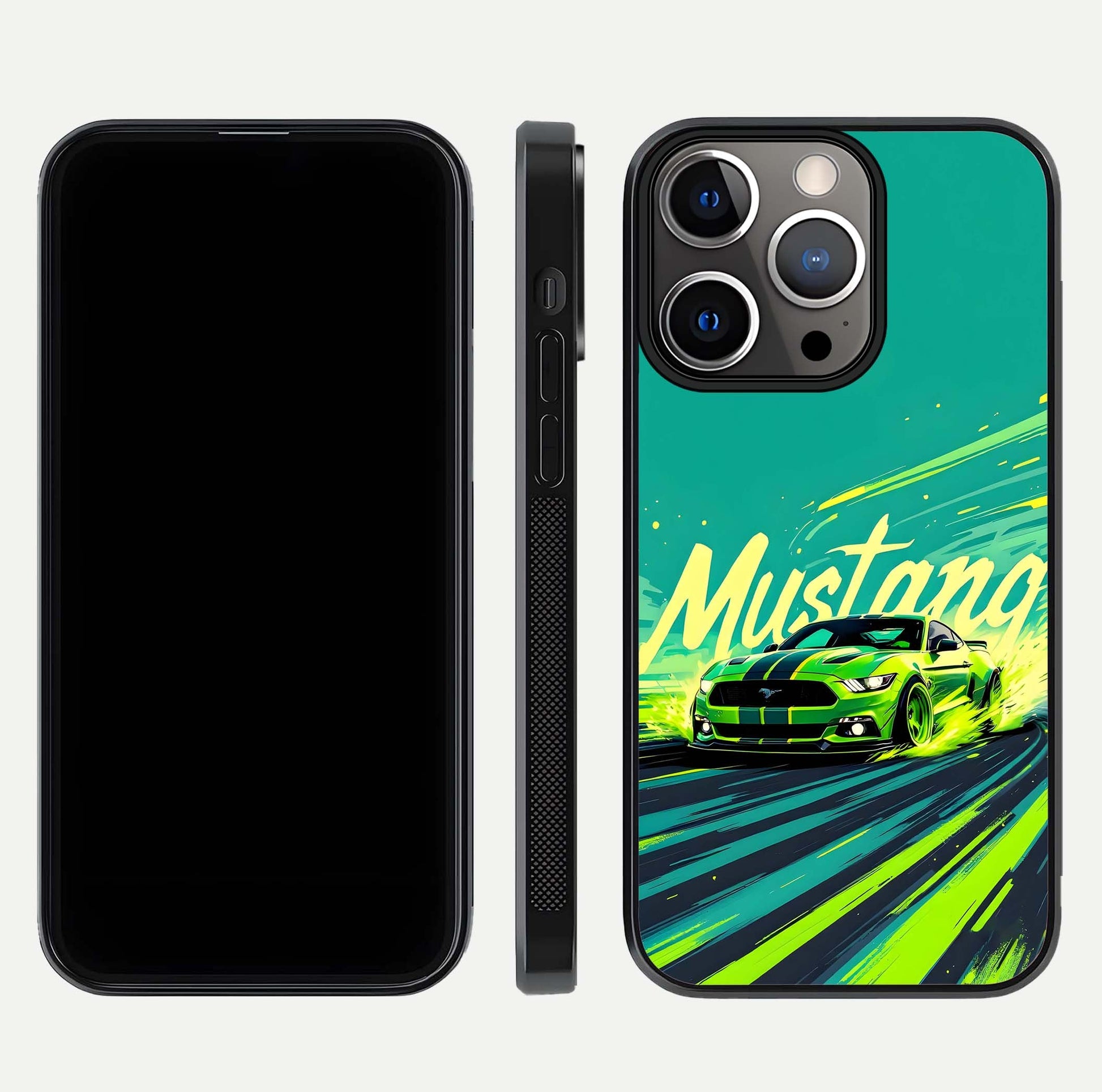 Mustang Bang Glass Case for iPhone 13 Pro front & back layout highlighting dark automotive tones and edge detail