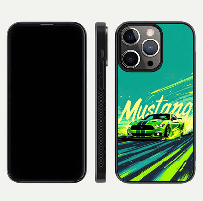 Mustang Bang Glass Case for iPhone 13 Pro front & back layout highlighting dark automotive tones and edge detail