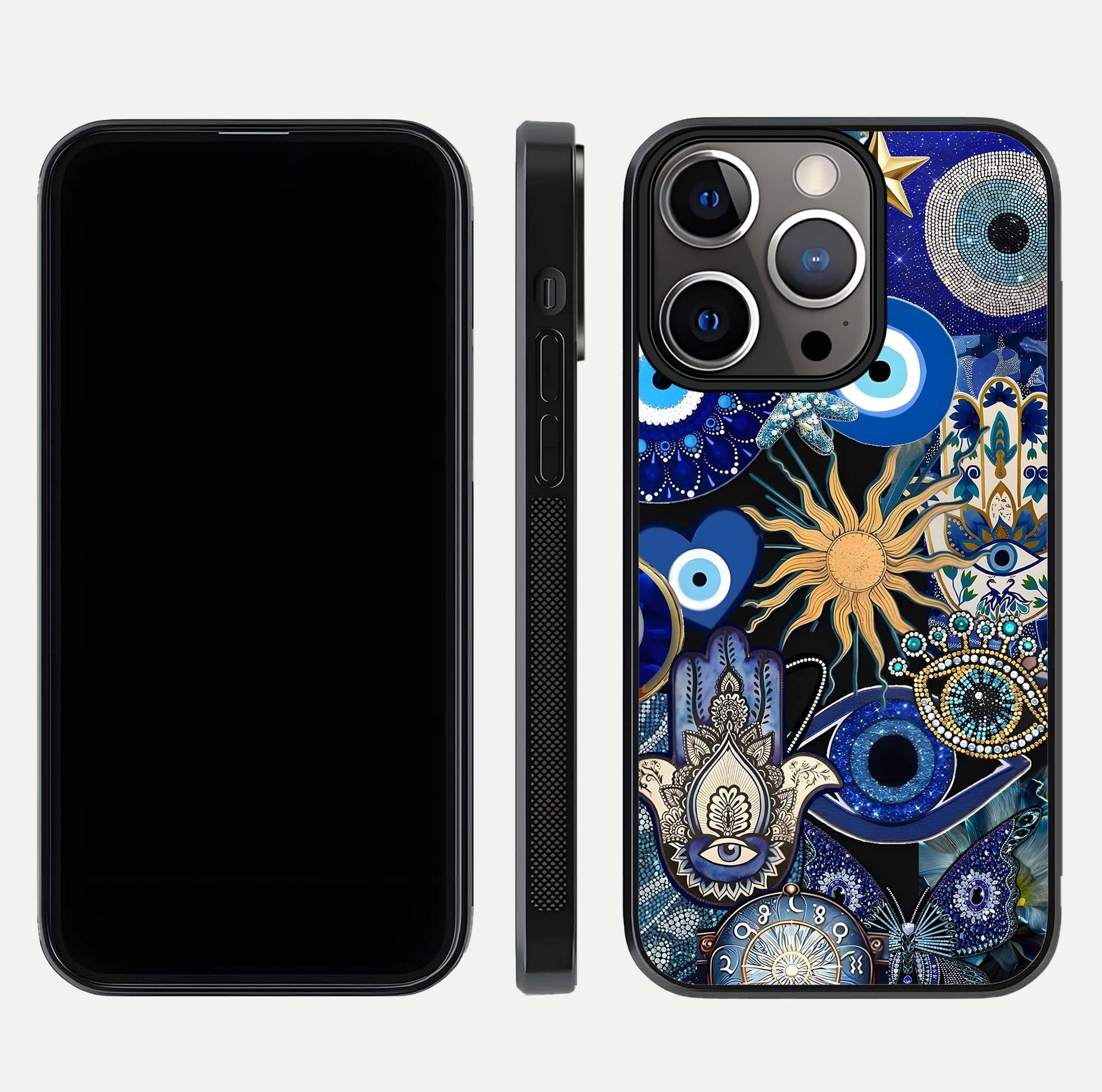 Mystic Blue Evil Eye Glass Case for iPhone 13 Pro front & back layout showing elegant tones and edge finish