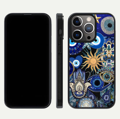 Mystic Blue Evil Eye Glass Case for iPhone 13 Pro front & back layout showing elegant tones and edge finish