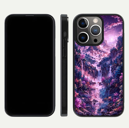 Mystic Cascade Peaks Glass Case for iPhone 13 Pro front & back layout highlighting HD landscape tones