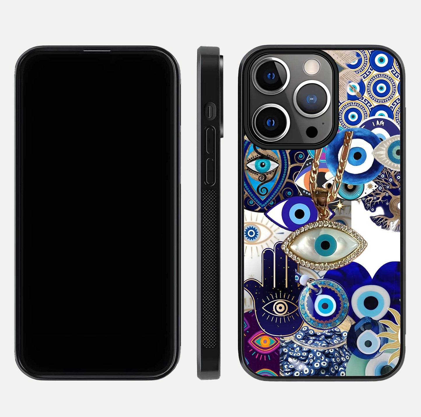 Mystic Charm Eye Glass Case for iPhone 13 Pro front & back layout highlighting spiritual design and edges