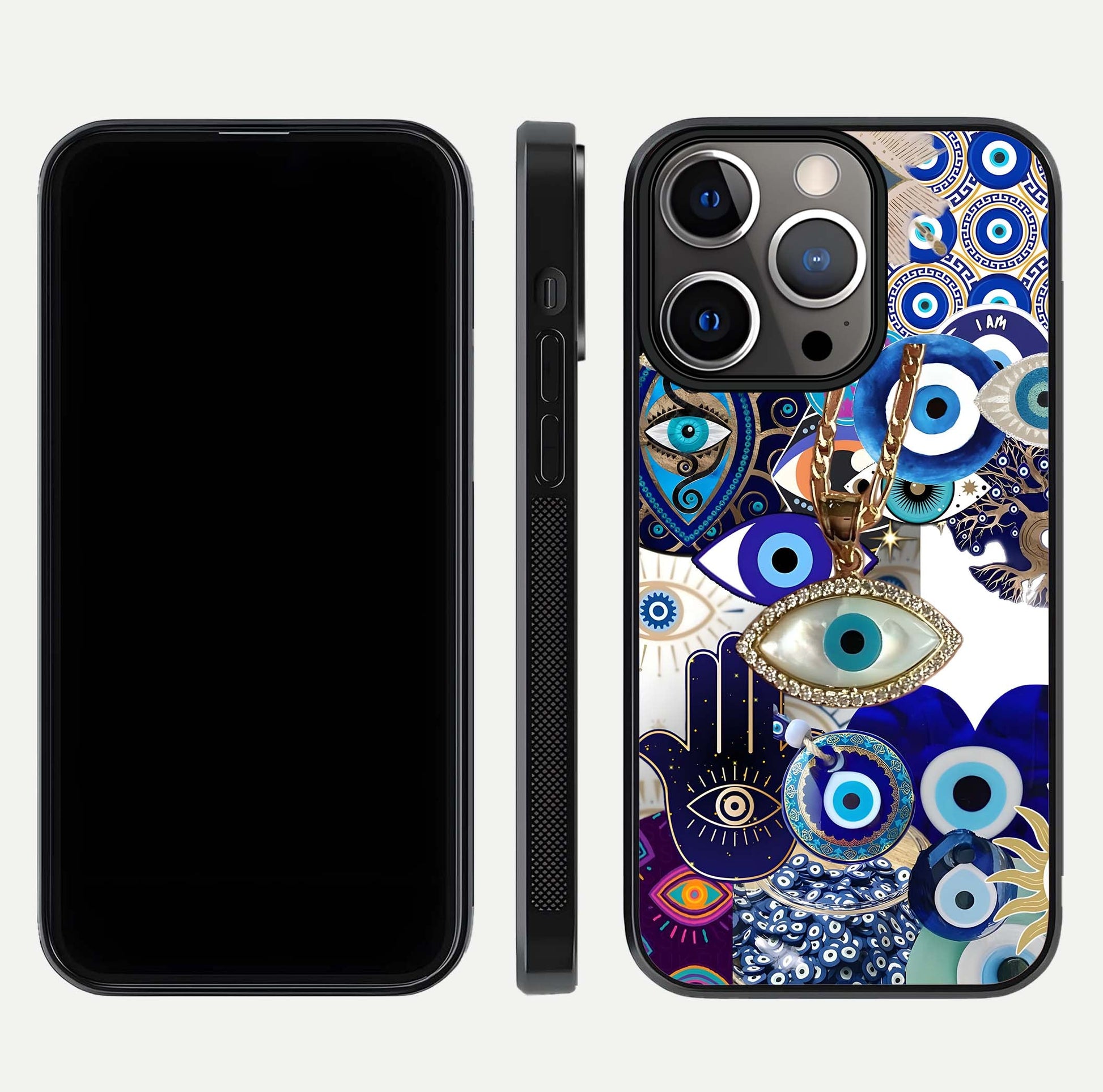 Mystic Charm Eye Glass Case for iPhone 13 Pro front & back layout highlighting spiritual design and edges