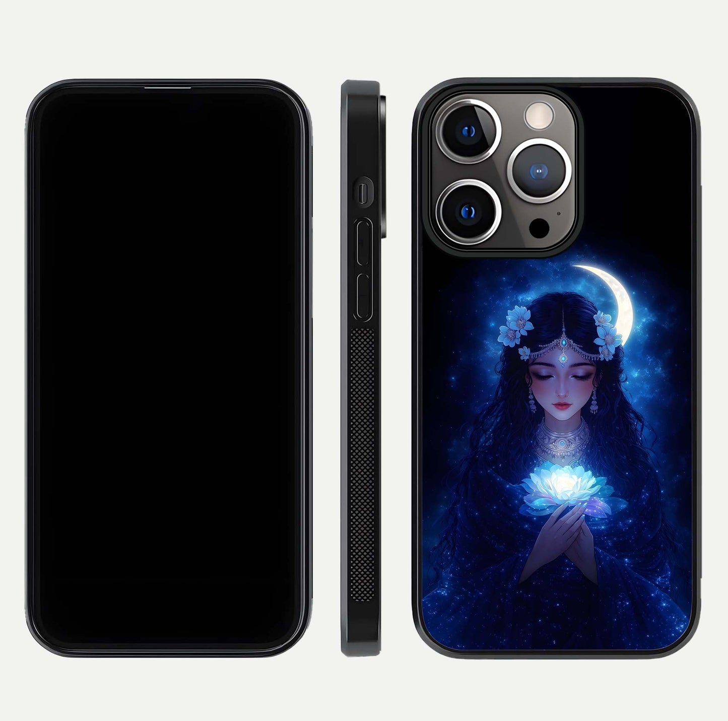 Mystic Moon Queen Glass Case for iPhone 13 Pro front & back layout highlighting divine illustration and edges