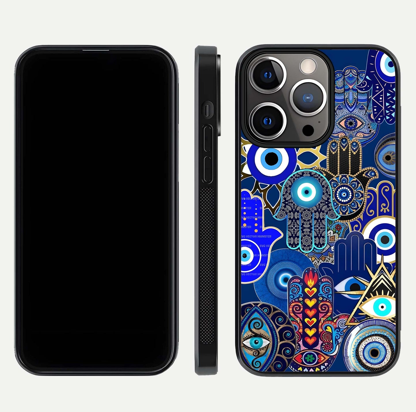 Mystic Palm Guard Glass Case for iPhone 13 Pro front & back layout highlighting spiritual art and edge finish