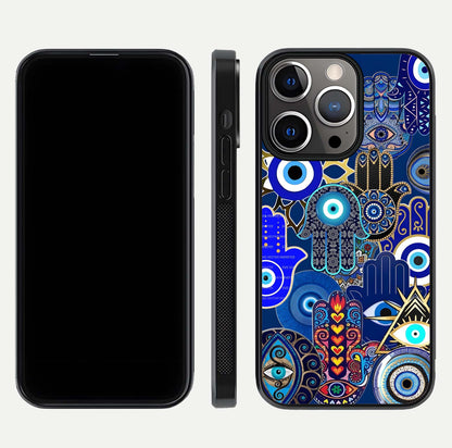 Mystic Palm Guard Glass Case for iPhone 13 Pro front & back layout highlighting spiritual art and edge finish