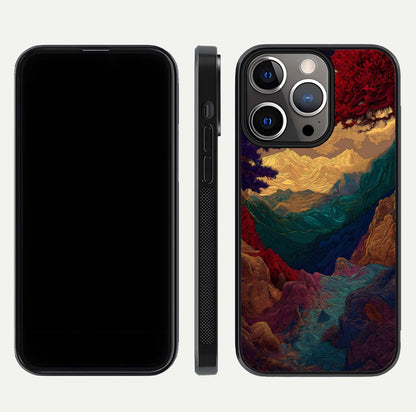 Mystic Valley Light Glass Case for iPhone 13 Pro front & back layout displaying landscape tones and edges