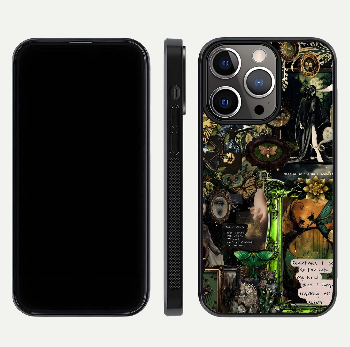 Mystic Woods Secret Glass Case for iPhone 13 Pro front & back layout showing nature theme and smooth edges