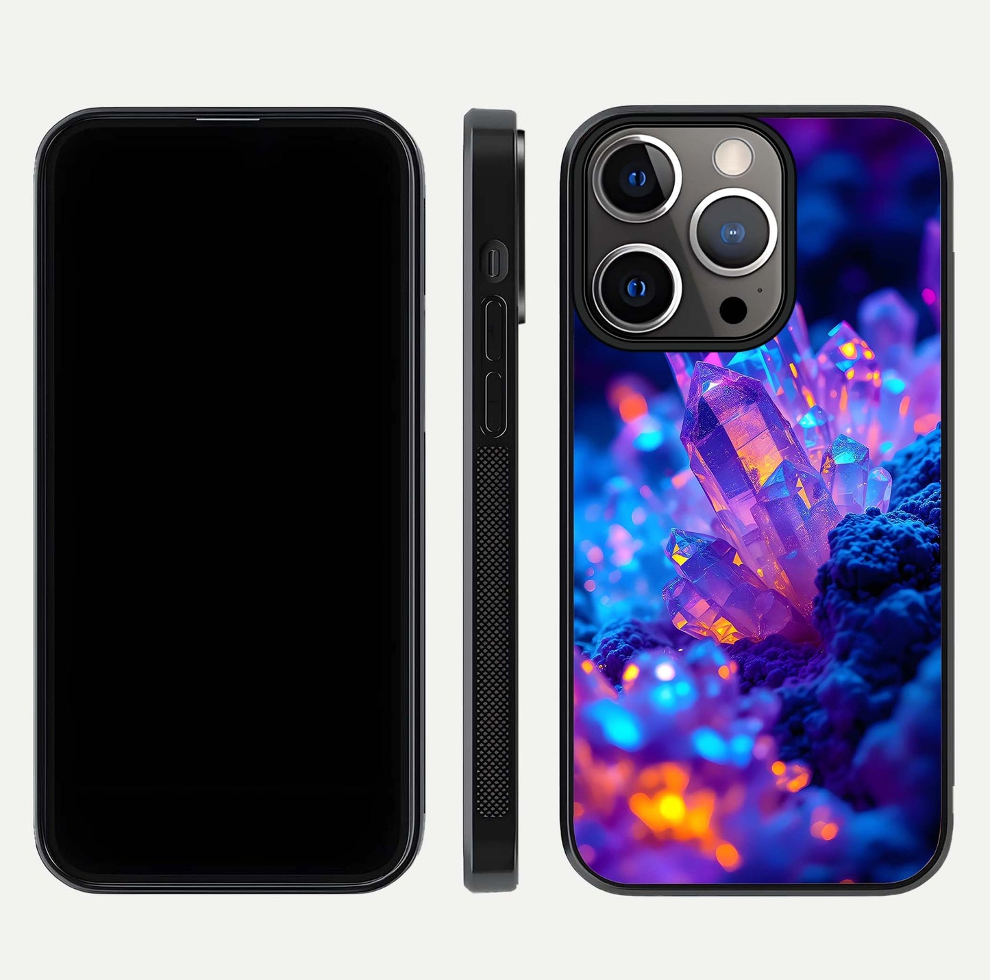 Neon Aura Shards Glass Case for iPhone 13 Pro front & back layout showing vivid tones and edge finish