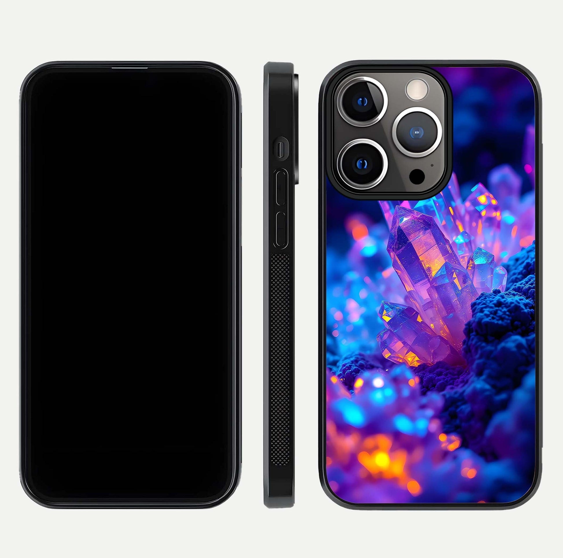 Neon Aura Shards Glass Case for iPhone 13 Pro front & back layout showing vivid tones and edge finish