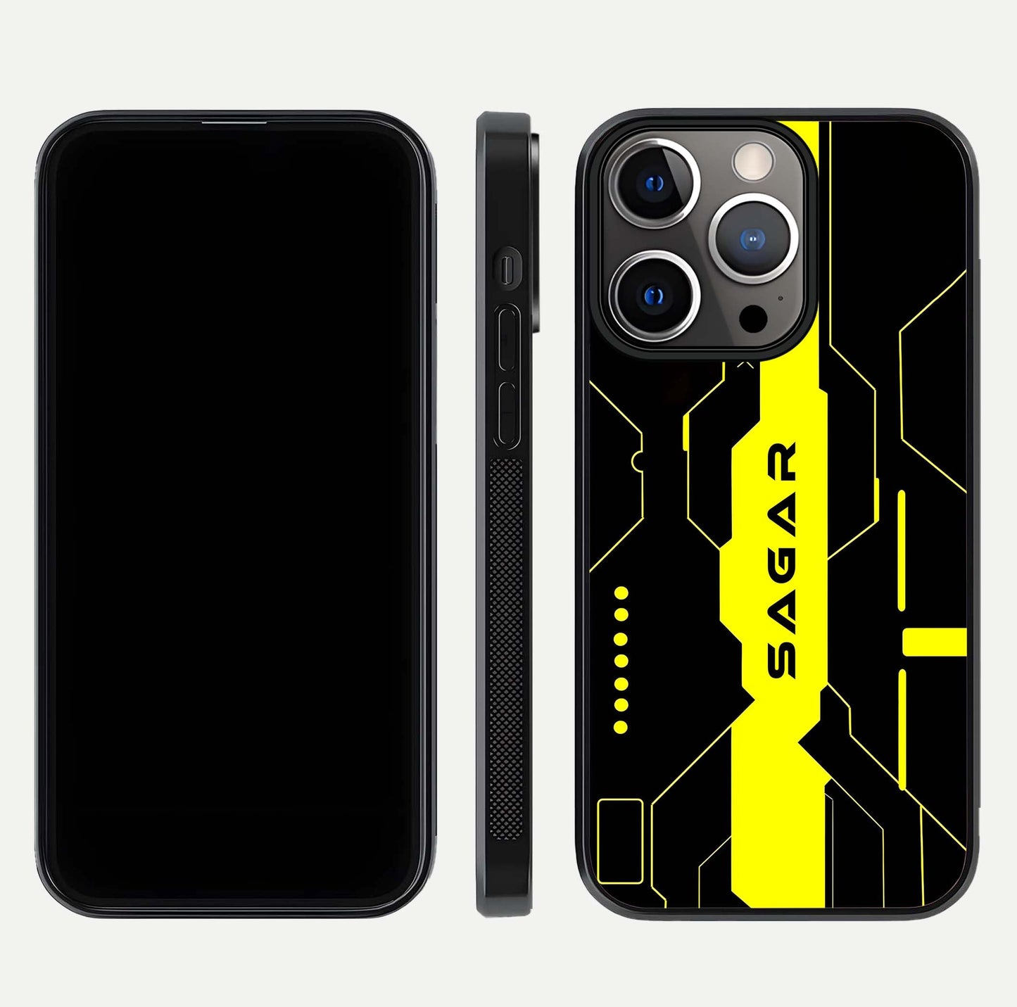 Neon CYBERPUNK Custom Name Glass Case for iPhone 13 Pro front & back layout showing tech art and custom edge