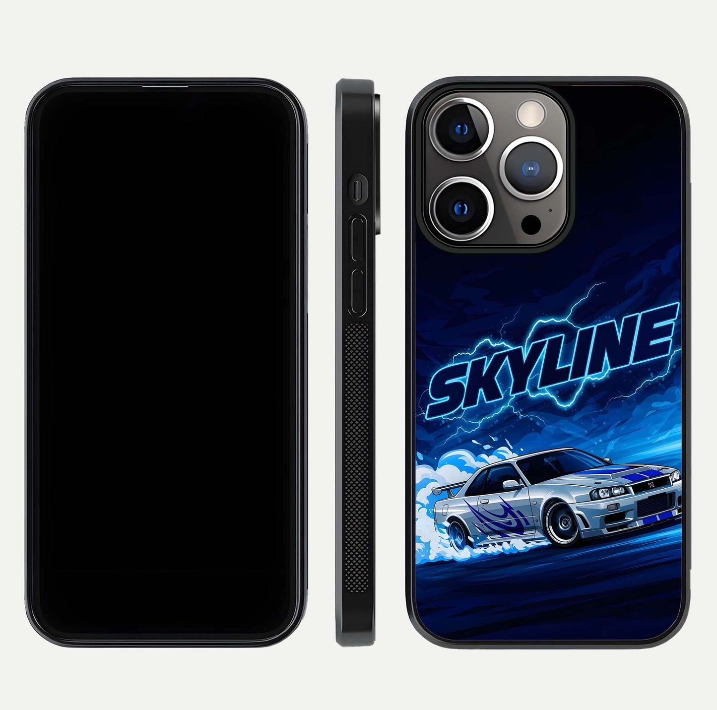 Neon Drift Beast Glass Case for iPhone 13 Pro front & back layout showing car silhouette and edge design