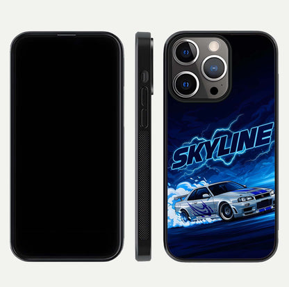 Neon Drift Beast Glass Case for iPhone 13 Pro front & back layout showing car silhouette and edge design