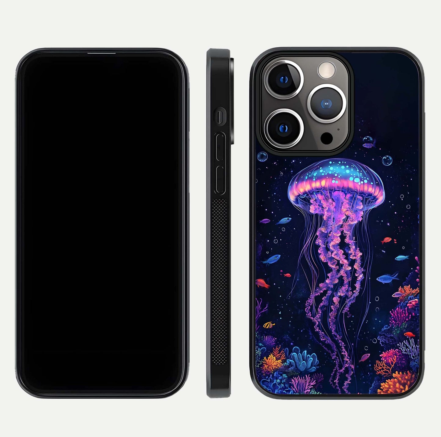 Neon Jellyfish Glass Case for iPhone 13 Pro front & back layout highlighting HD marine art and curved edges