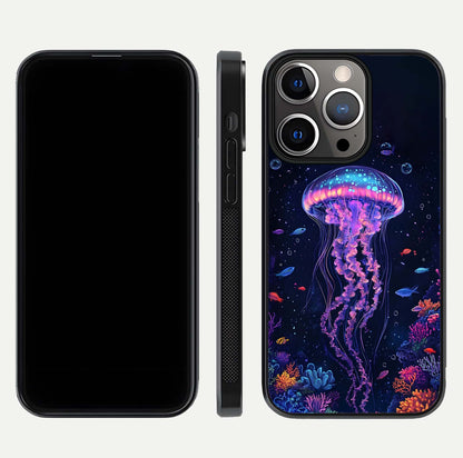 Neon Jellyfish Glass Case for iPhone 13 Pro front & back layout highlighting HD marine art and curved edges