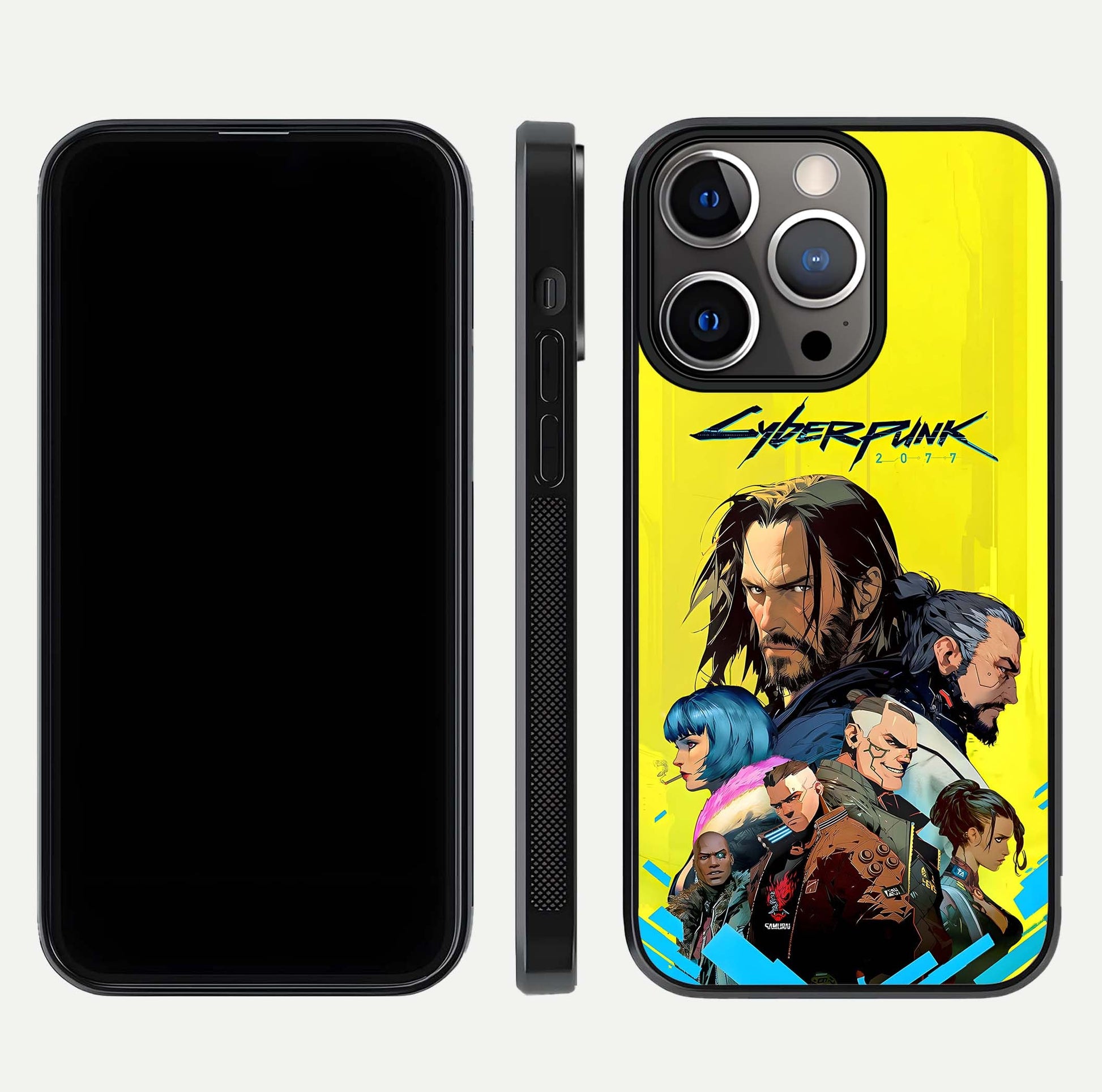 Neon Rebel Genesis Glass Case for iPhone 13 Pro front & back layout highlighting futuristic theme and curves