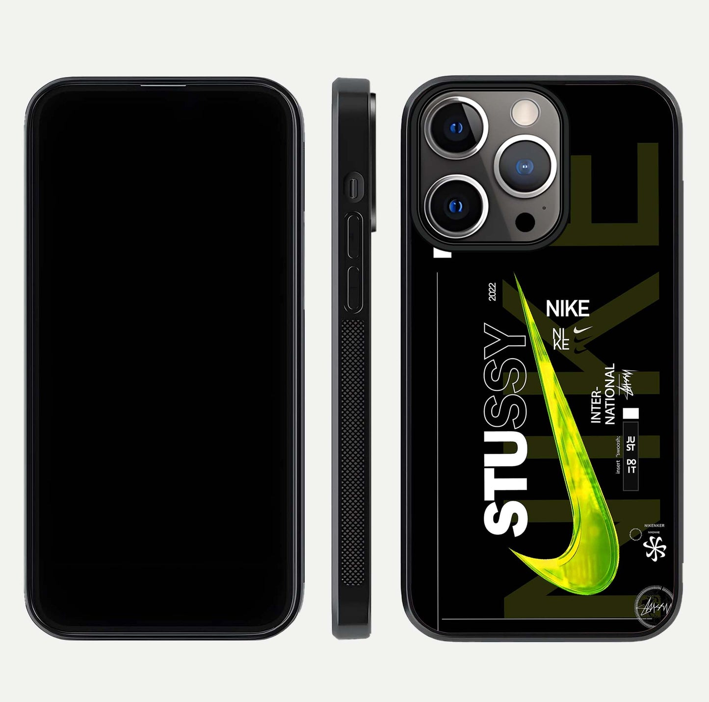 Neon Street Edition Glass Case for iPhone 13 Pro front & back layout highlighting street art vibe and edges