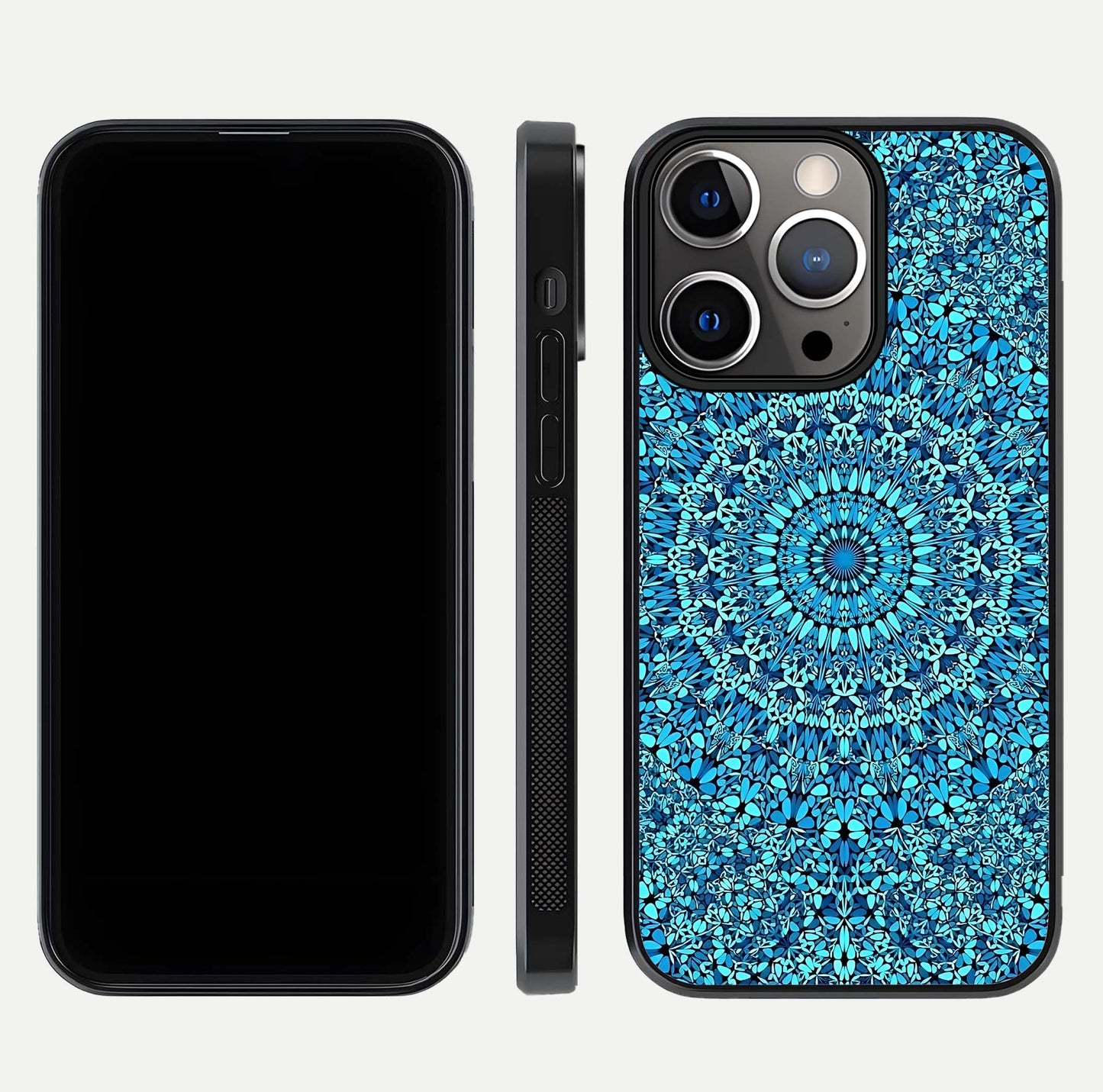 Ocean Bloom Mandala Glass Case for iPhone 13 Pro front & back layout showing ocean tone design and edges