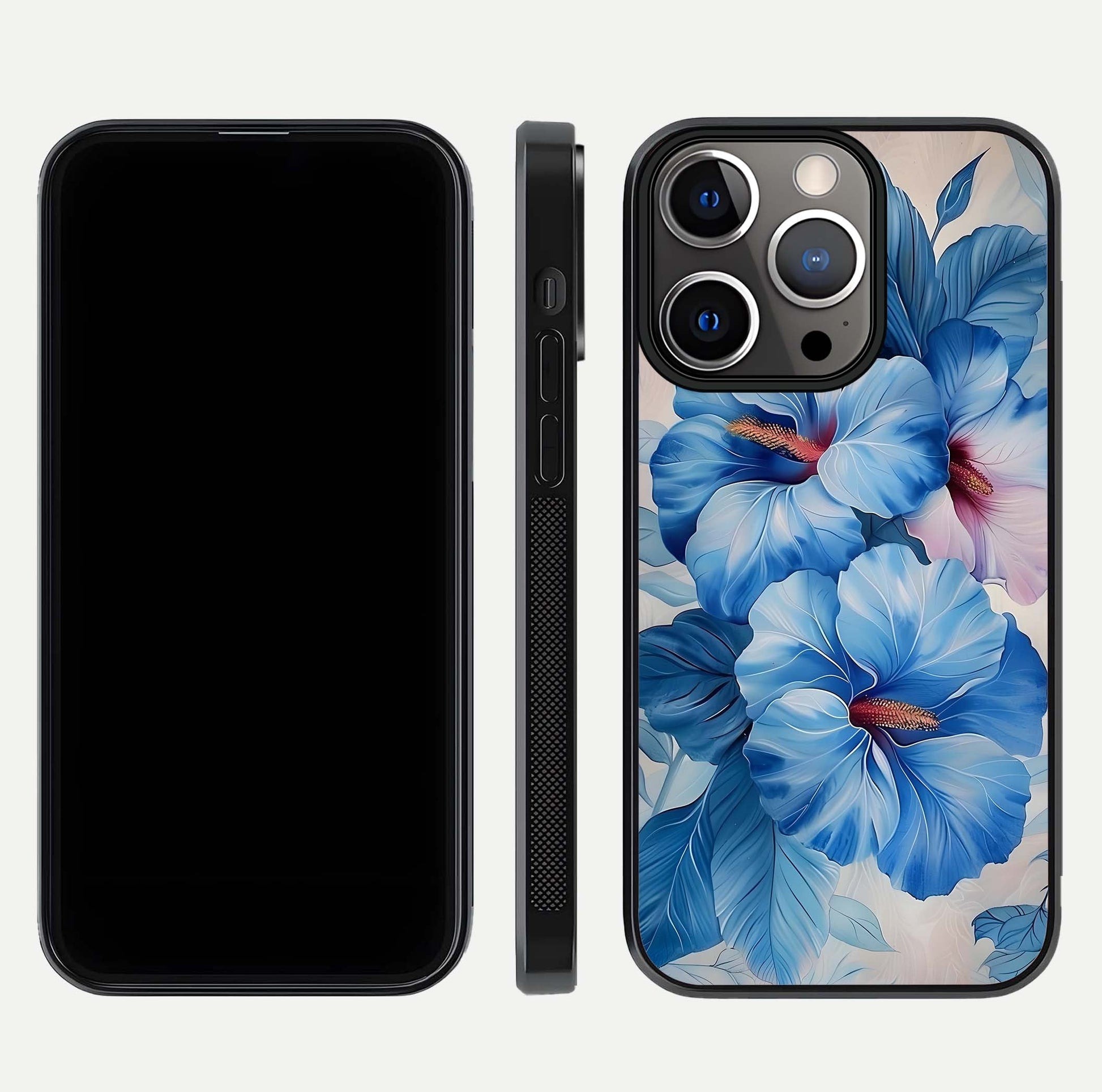 Ocean Hibiscus Grace Glass Case for iPhone 13 Pro front & back layout showing vibrant oceanic tones and curves