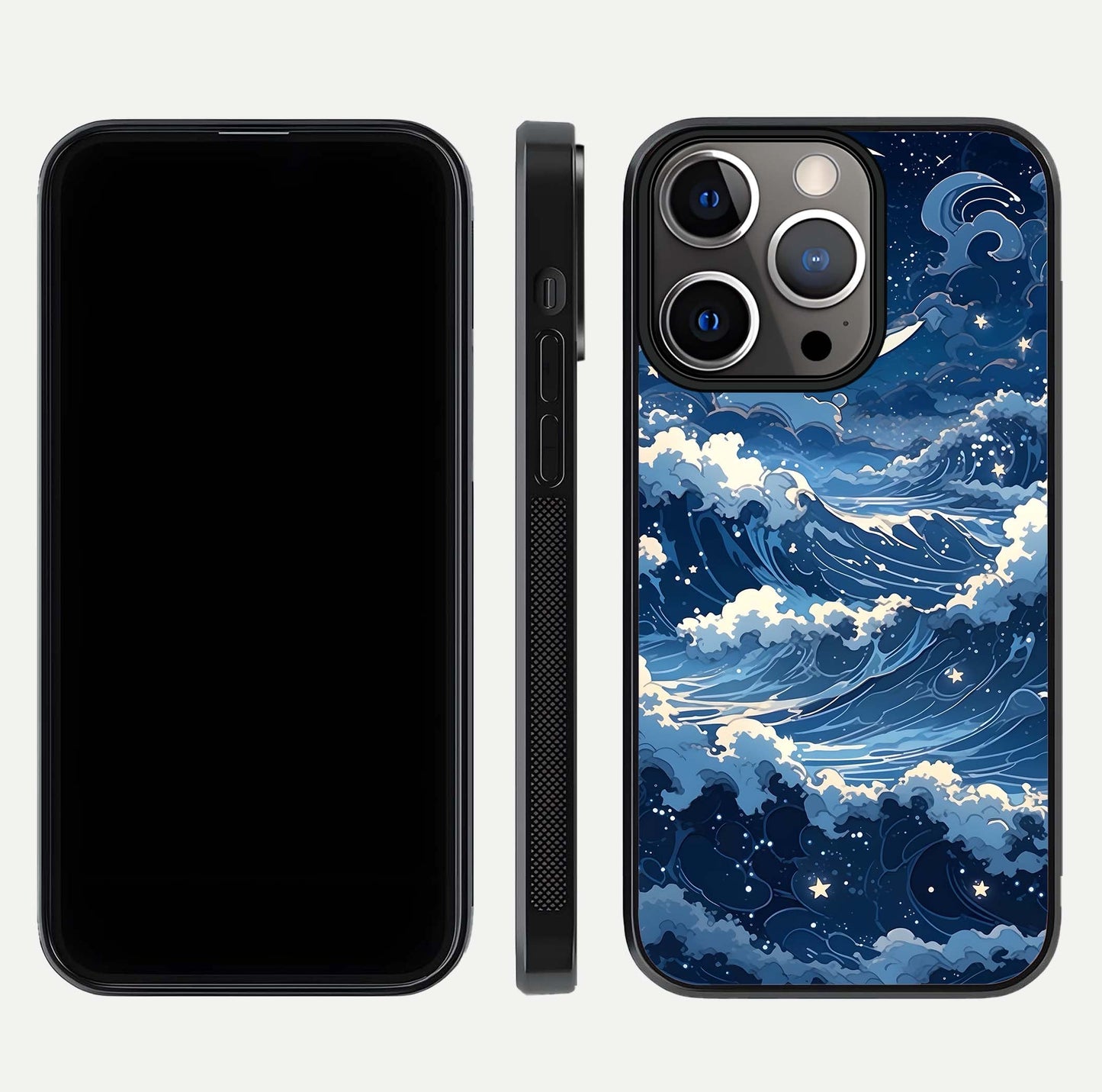 Ocean Moon Waves Glass Case for iPhone 13 Pro front & back layout highlighting water flow and smooth edges