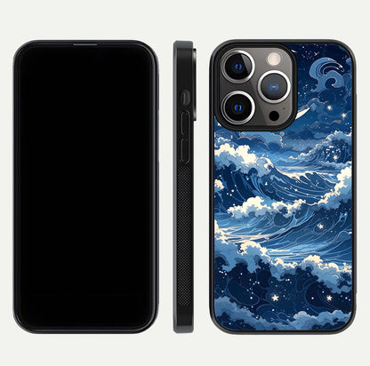 Ocean Moon Waves Glass Case for iPhone 13 Pro front & back layout highlighting water flow and smooth edges