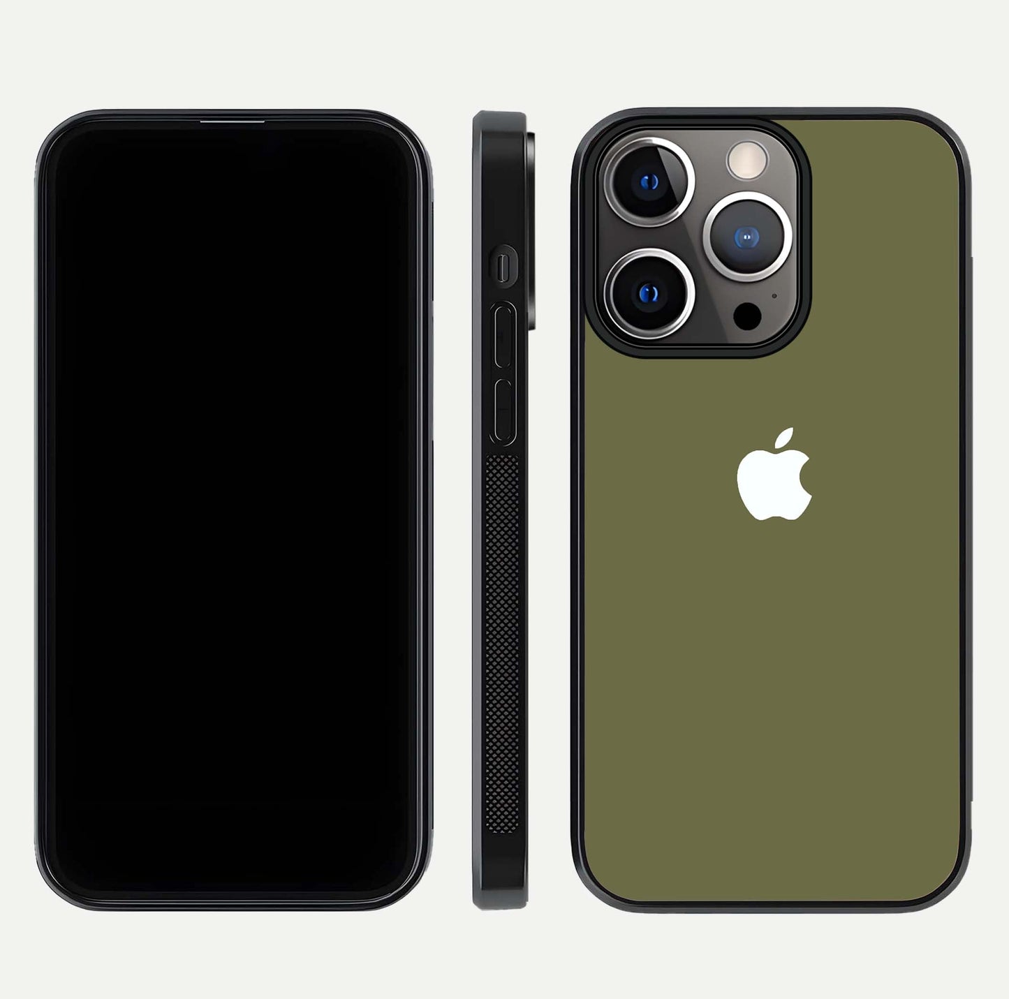 Olive Matte Essence Glass Case for iPhone 13 Pro front & back layout highlighting simple design and clean edges