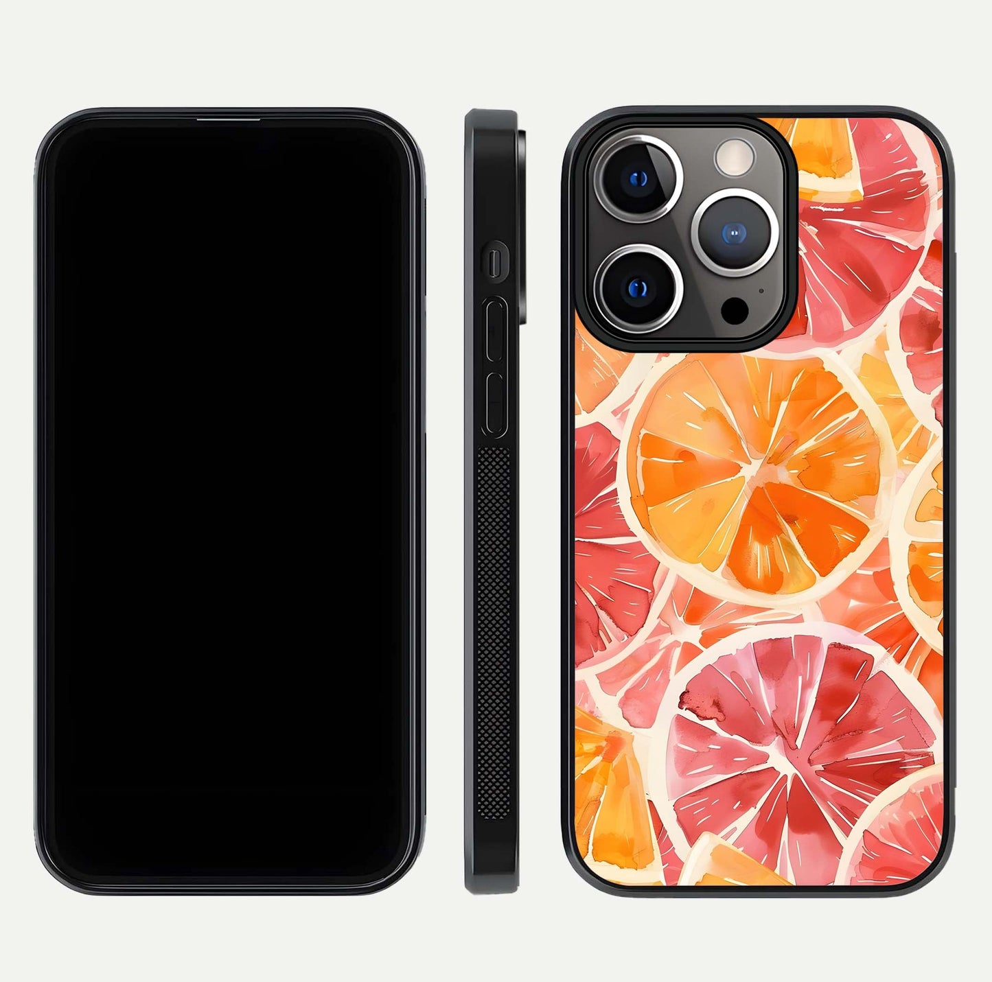 Orange Fruits Pattern Glass Case for iPhone 13 Pro front & back layout highlighting bright colors and clean edges