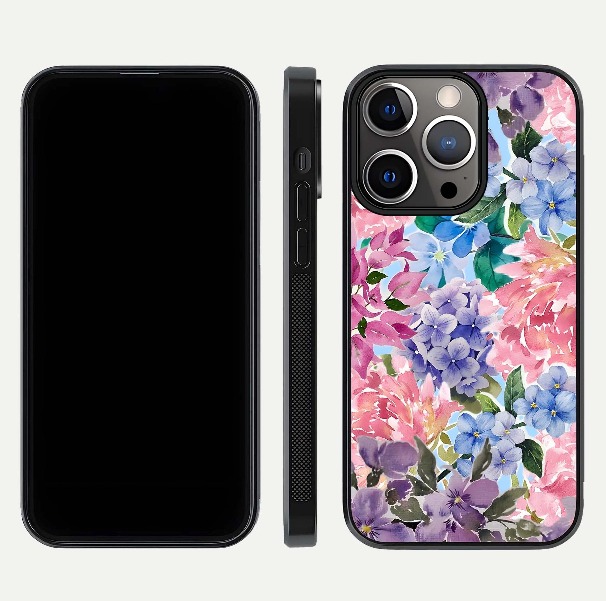 Pastel Floral Mix Glass Case for iPhone 13 Pro front & back layout showing gentle tones and elegant edges