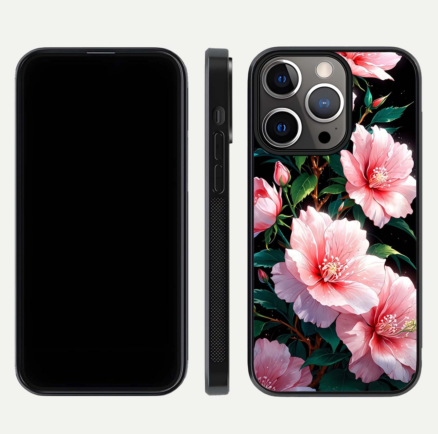 Peach Flower Glass Case for iPhone 13 Pro front & back layout showing elegant floral tones and smooth edges