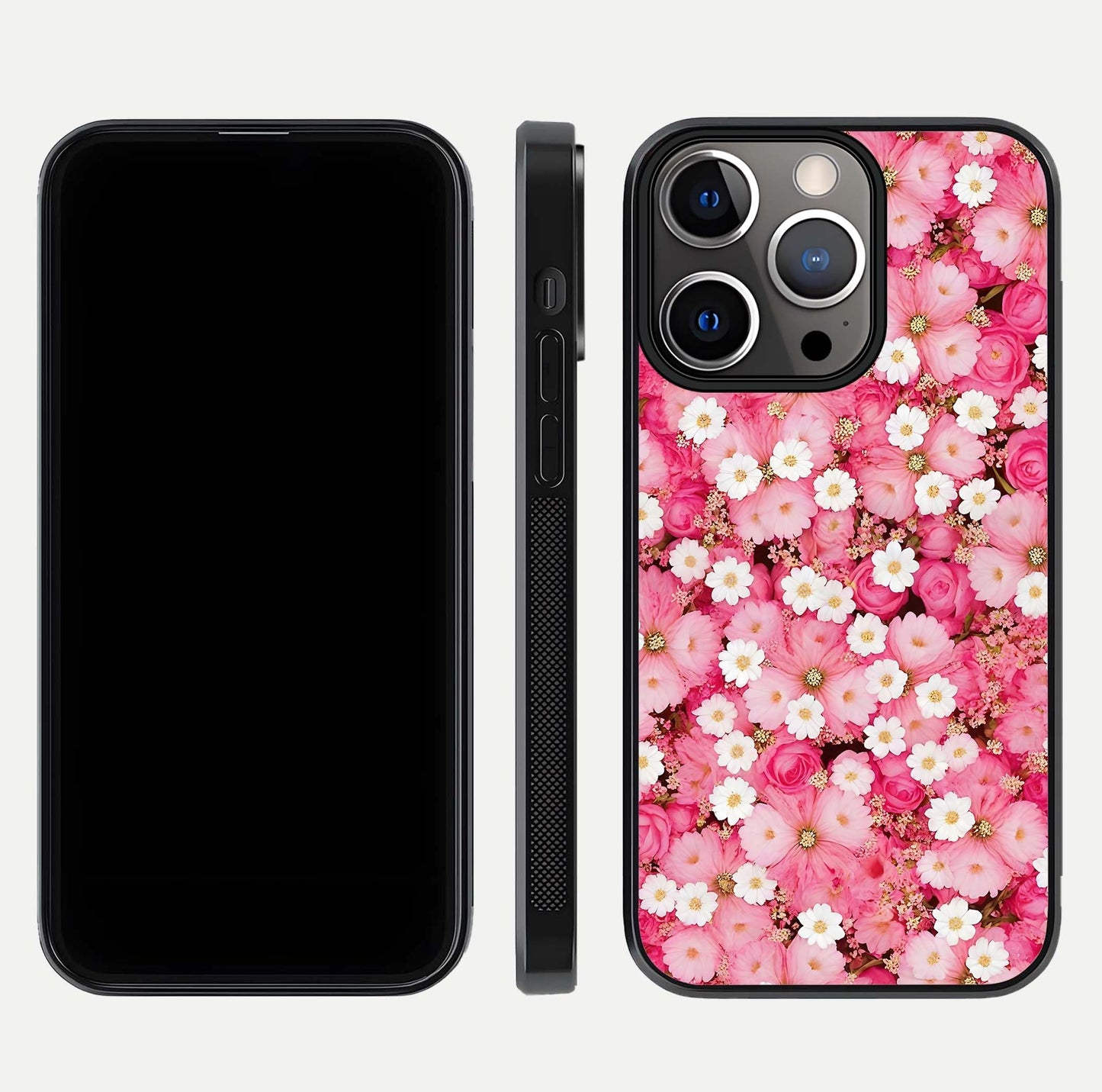 Pink Daisy Bliss Glass Case for iPhone 13 Pro front & back layout showing HD floral tones and edge finish