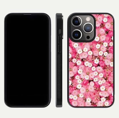 Pink Daisy Bliss Glass Case for iPhone 13 Pro front & back layout showing HD floral tones and edge finish