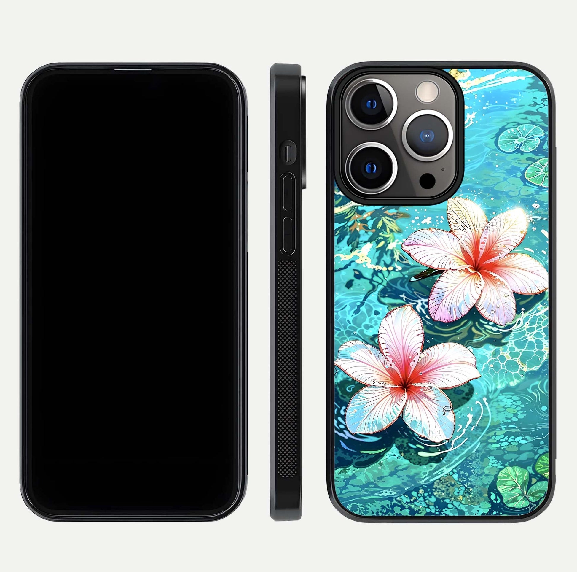 Pink Flowers in Water Glass Case for iPhone 13 Pro front & back layout showing elegant pastel floral tones