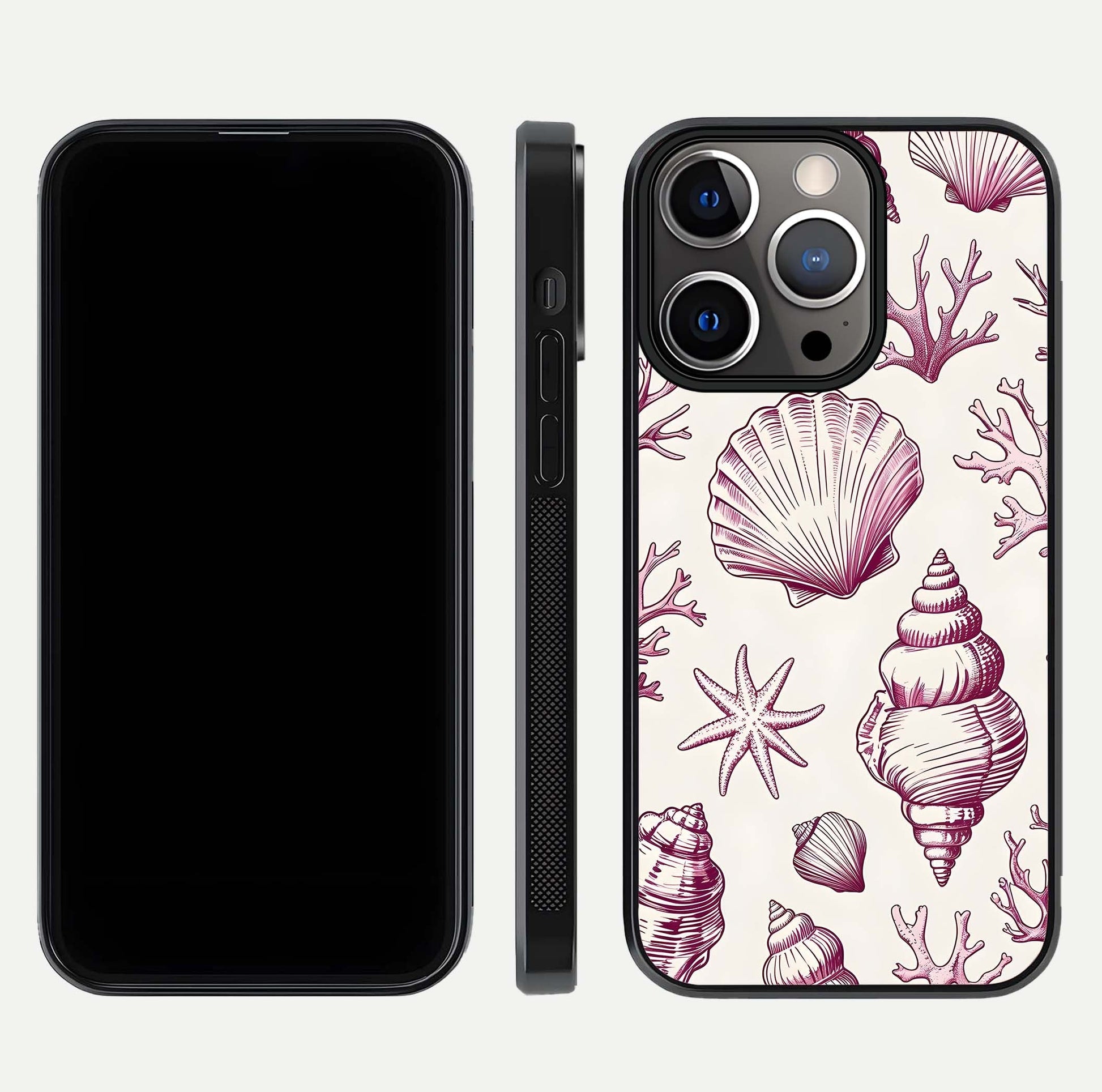 Pink Shells Outline Glass Case for iPhone 13 Pro front & back layout showing soft pastel tones and edge design