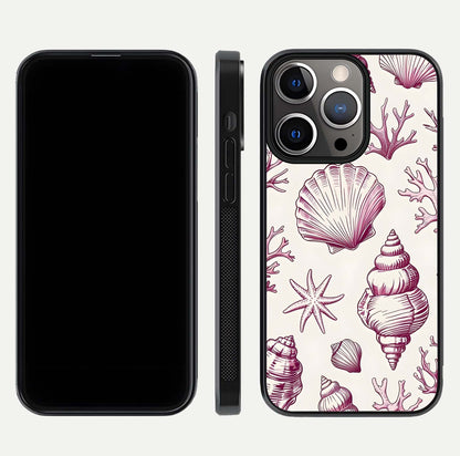 Pink Shells Outline Glass Case for iPhone 13 Pro front & back layout showing soft pastel tones and edge design
