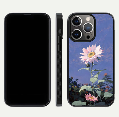 Pink Sunflower Glow Glass Case for iPhone 13 Pro front & back layout showing HD tones and bright finish