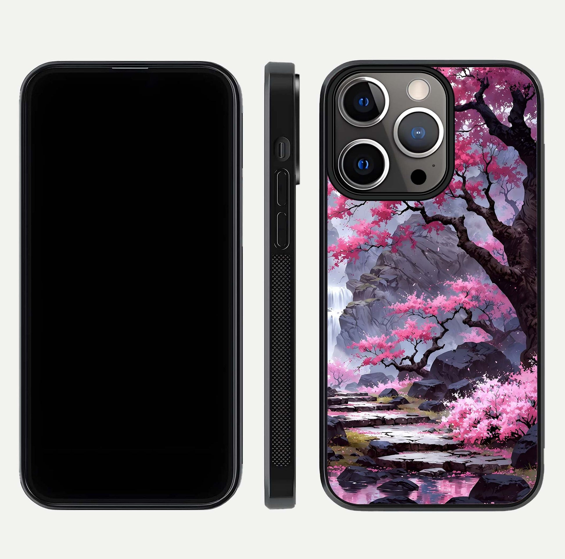 Pinkish Scenery Glass Case for iPhone 13 Pro front & back layout showing landscape art and curved edge finish