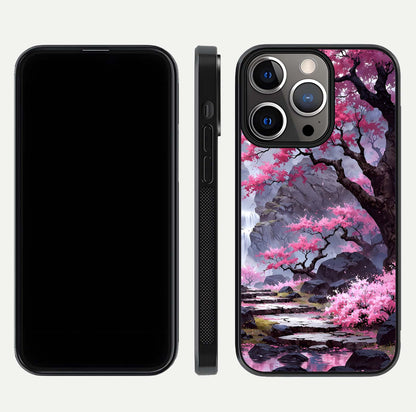 Pinkish Scenery Glass Case for iPhone 13 Pro front & back layout showing landscape art and curved edge finish