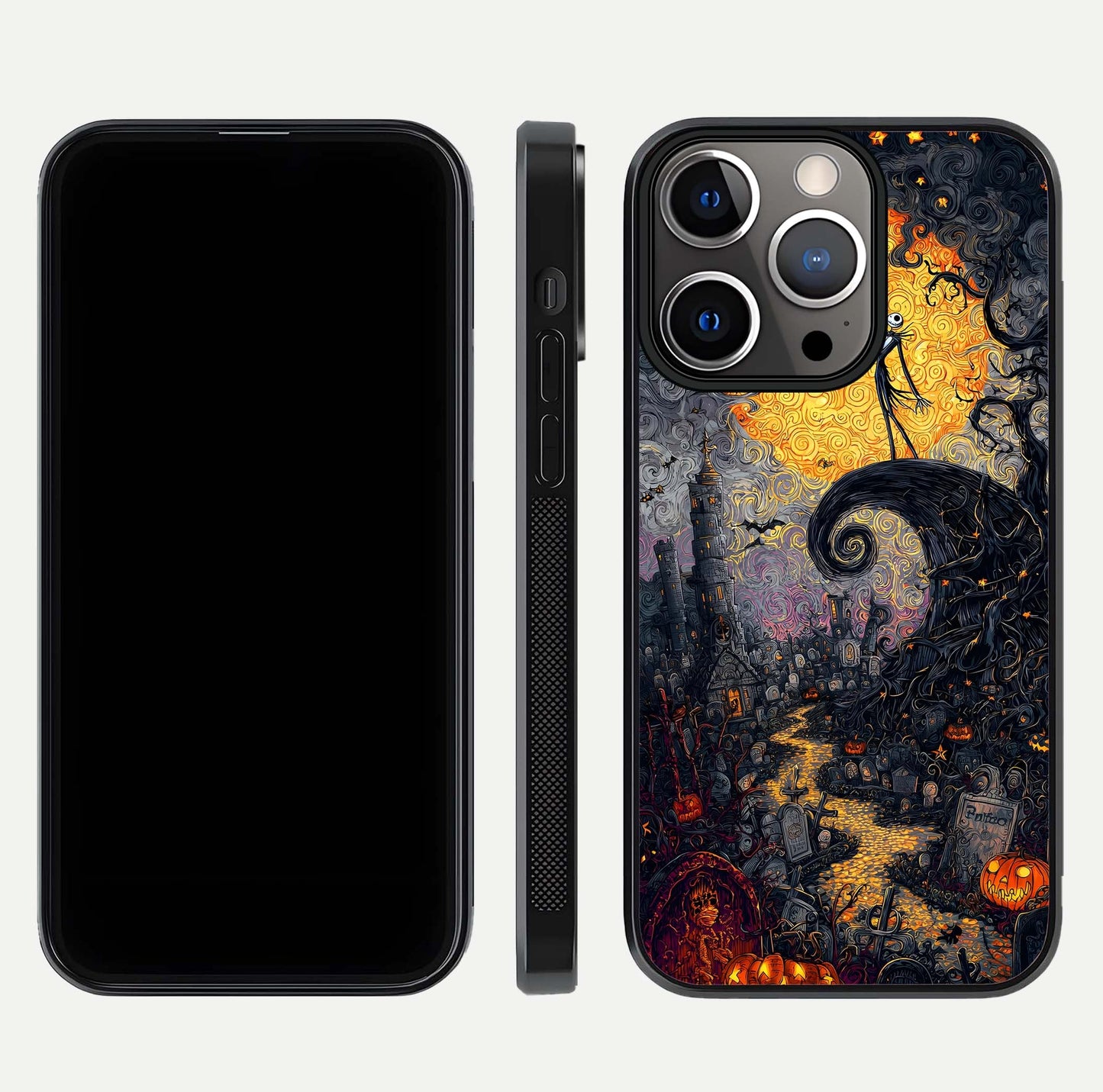 Pumpkin Moon Night Glass Case for iPhone 13 Pro front & back layout highlighting festive tones and smooth edges
