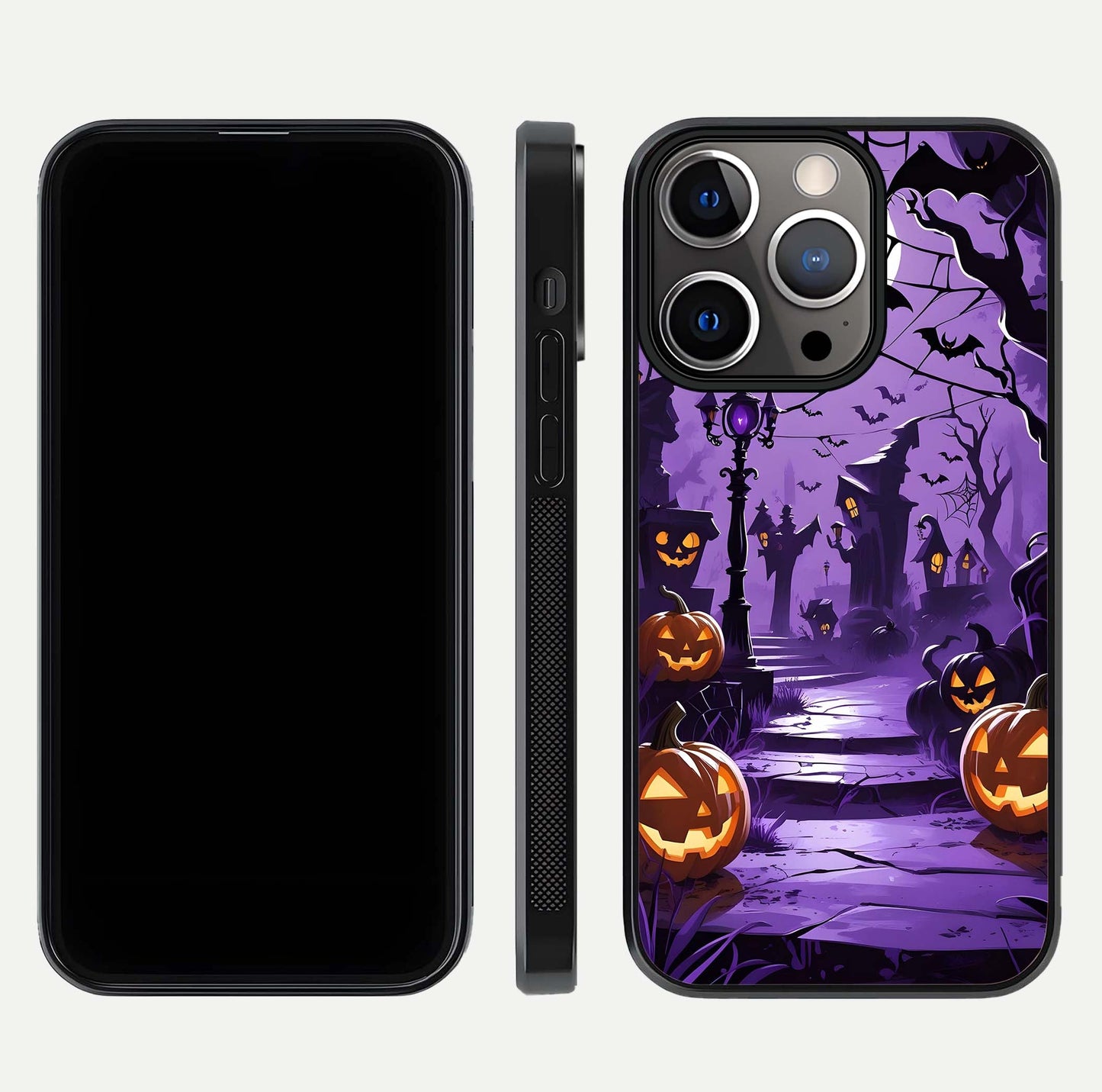 Pumpkin Patch Halloween Glass Case for iPhone 13 Pro front & back layout showing festive Halloween print