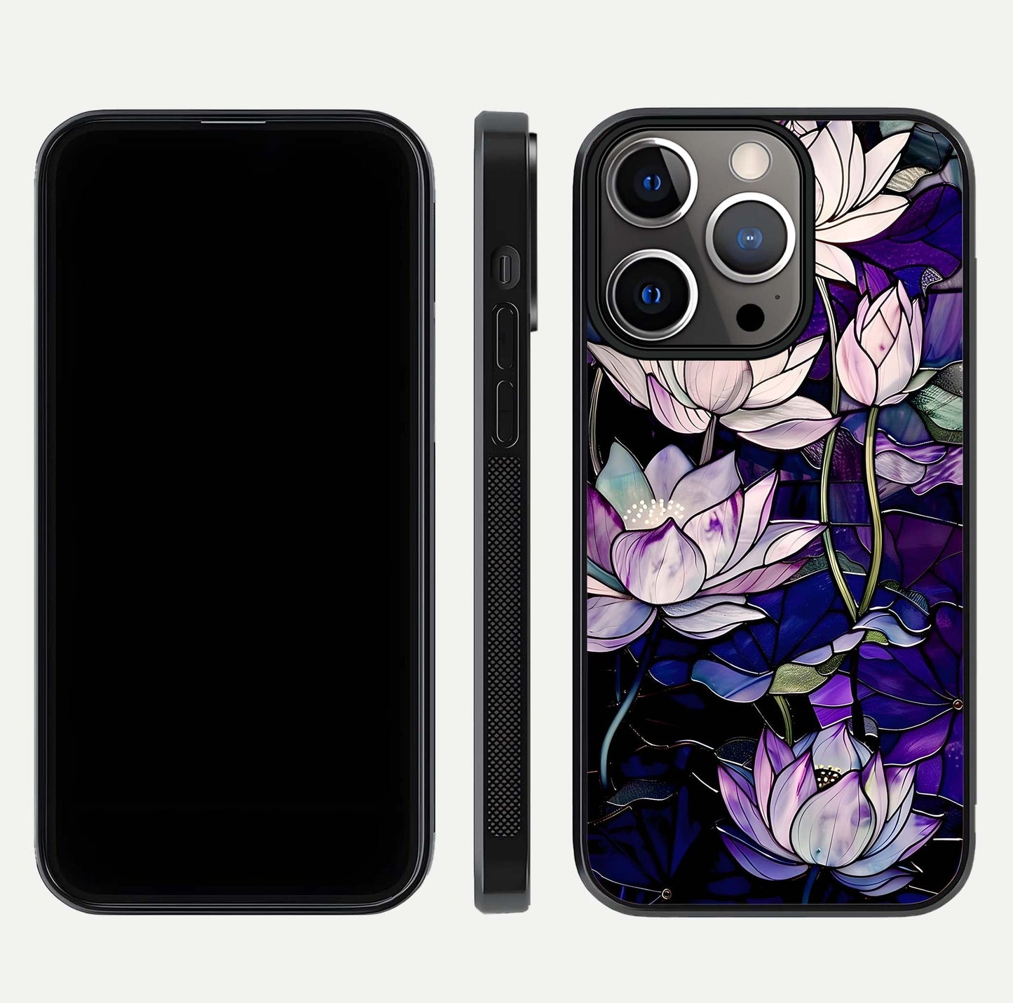 Purple Lotus Pattern Glass Case for iPhone 13 Pro front & back layout highlighting floral tones and soft edges