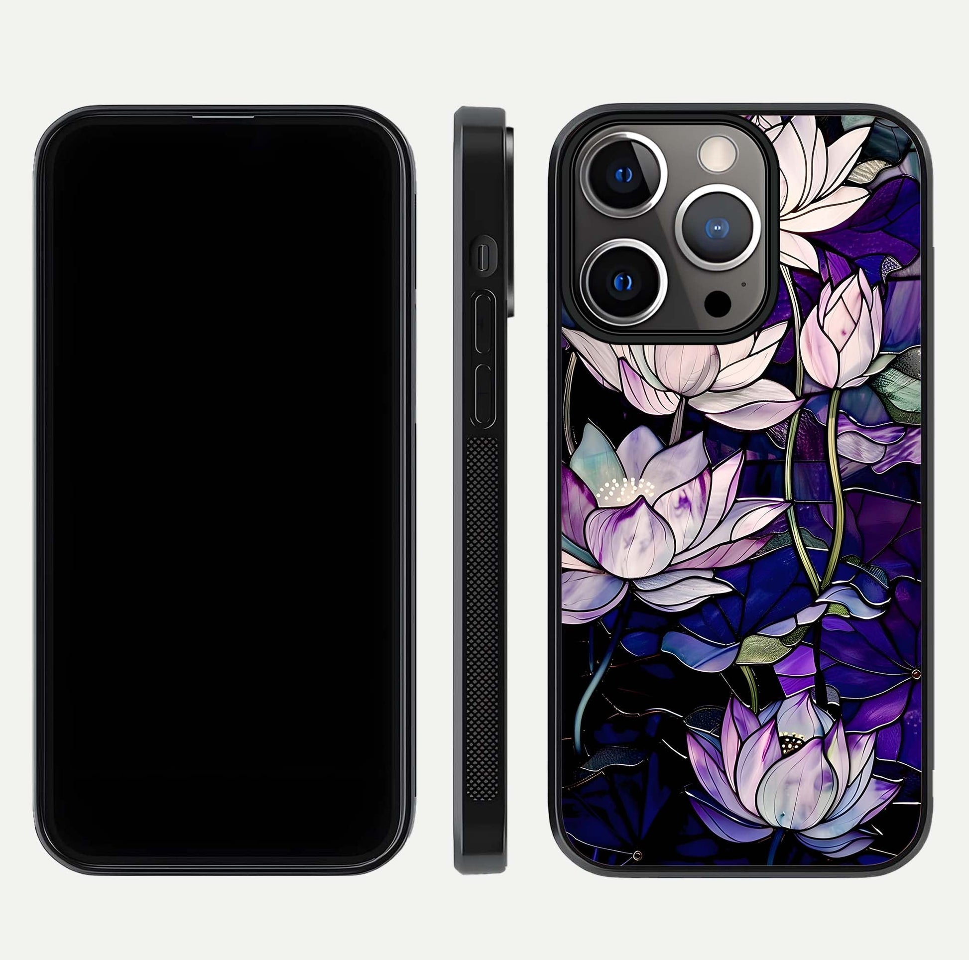 Purple Lotus Pattern Glass Case for iPhone 13 Pro front & back layout highlighting floral tones and soft edges